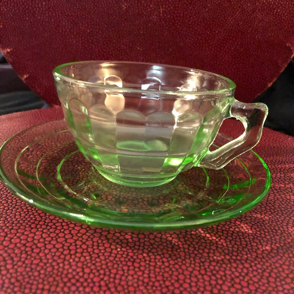Vintage Circa 1930s Anchor Hocking Vaseline Glass Block Optic Teacup & Saucer